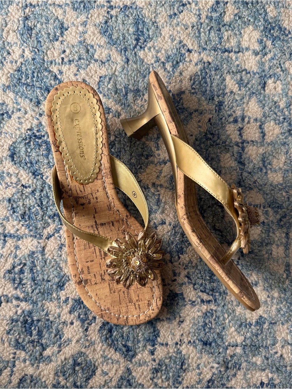 Expressions Gold Floral Jewel Cork-Accent Heeled Sandals